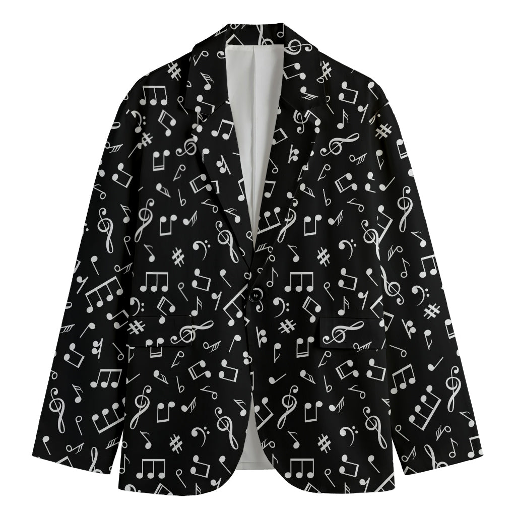 Black And White Music Note Pattern Print Men's Cotton Blazer
