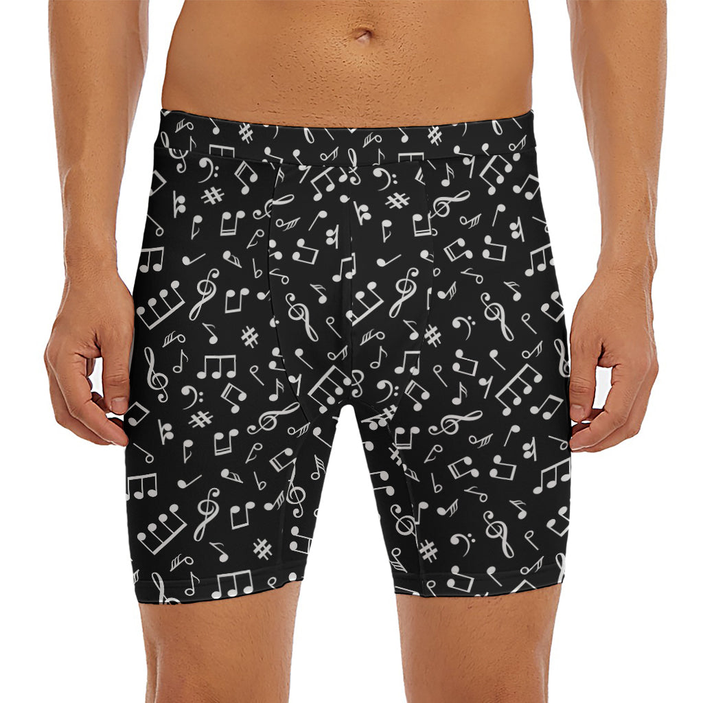 Black And White Music Note Pattern Print Men's Long Boxer Briefs