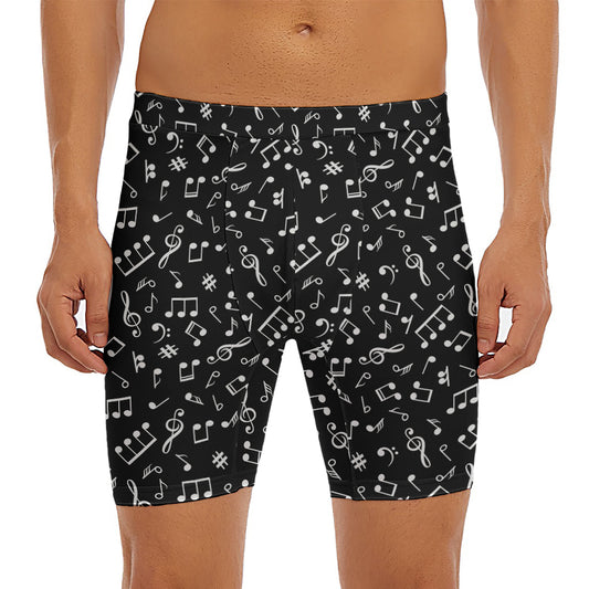 Black And White Music Note Pattern Print Men's Long Boxer Briefs