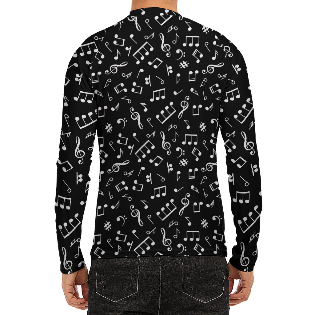 Black And White Music Note Pattern Print Men's Long Sleeve Rash Guard