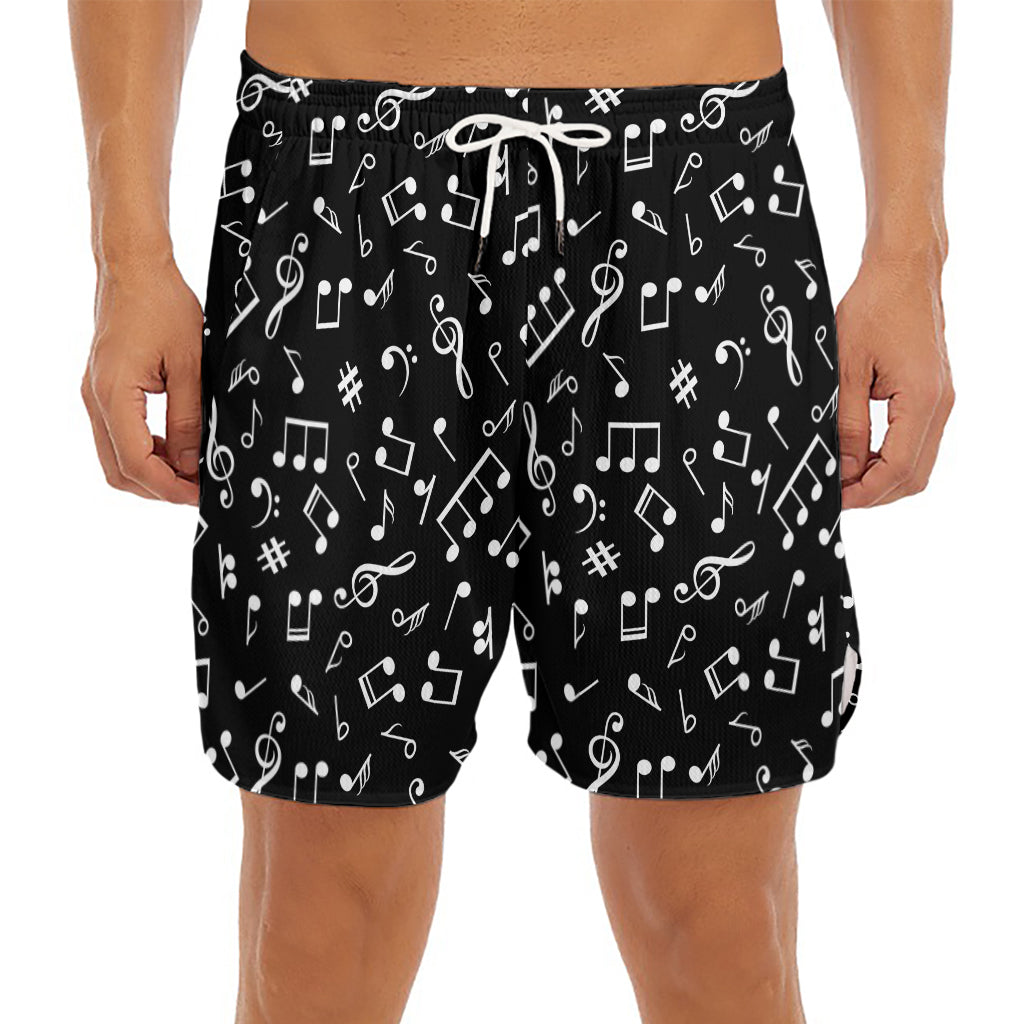 Black And White Music Note Pattern Print Men's Split Running Shorts