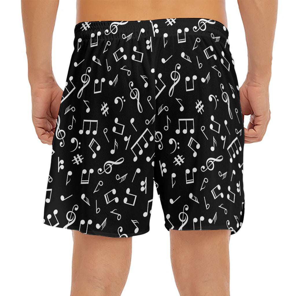 Black And White Music Note Pattern Print Men's Split Running Shorts