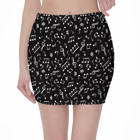 Black And White Music Note Pattern Print Pencil Mini Skirt