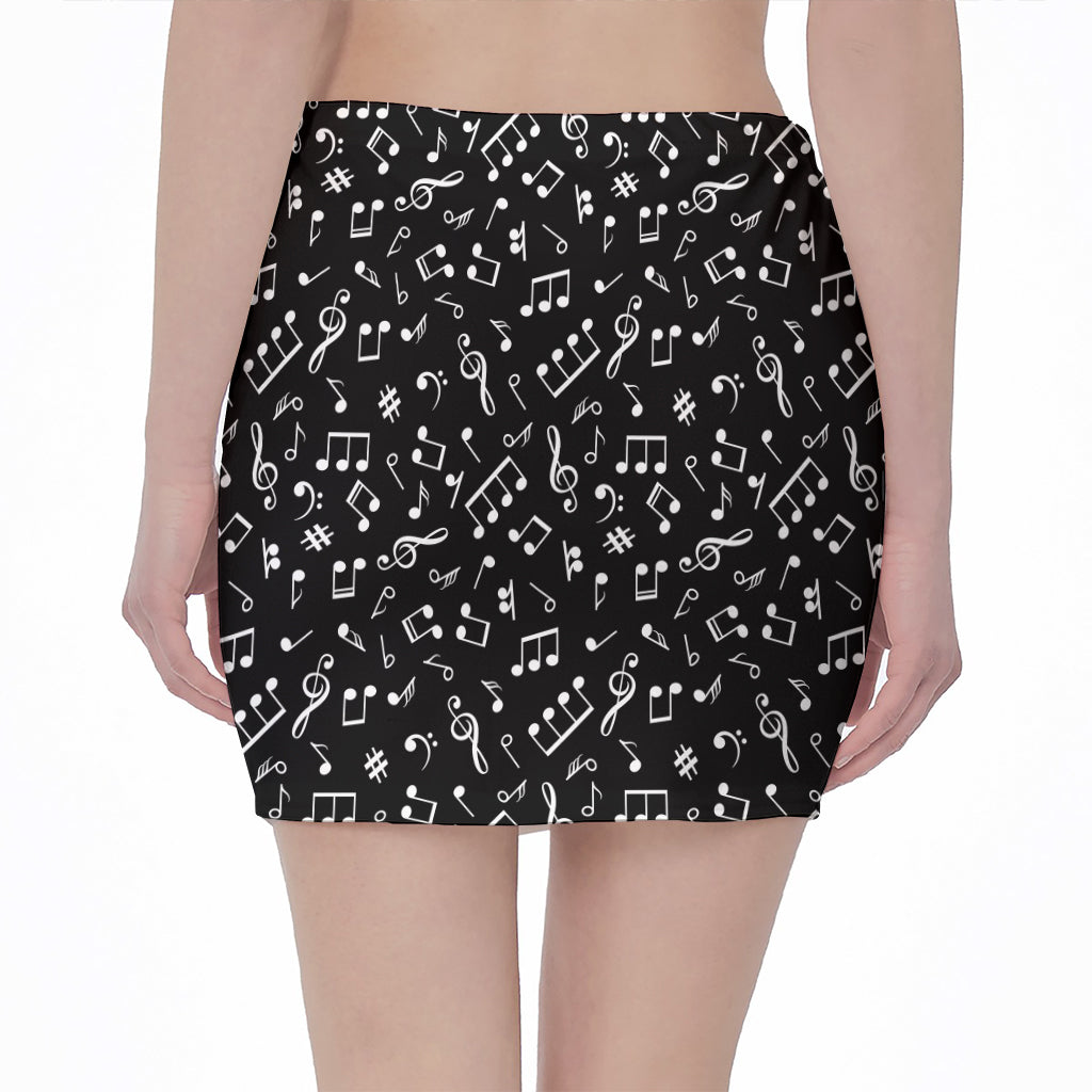 Black And White Music Note Pattern Print Pencil Mini Skirt