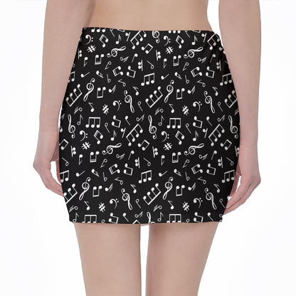 Black And White Music Note Pattern Print Pencil Mini Skirt
