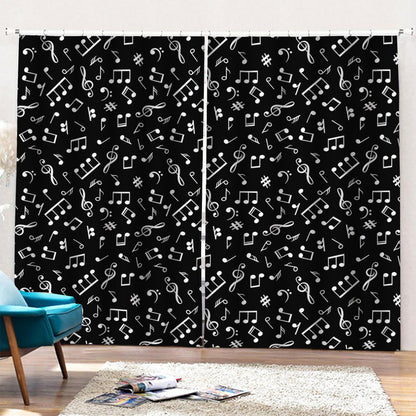 Black And White Music Note Pattern Print Pencil Pleat Curtains