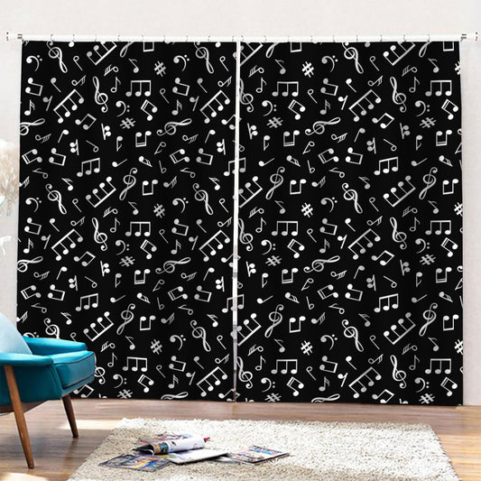 Black And White Music Note Pattern Print Pencil Pleat Curtains