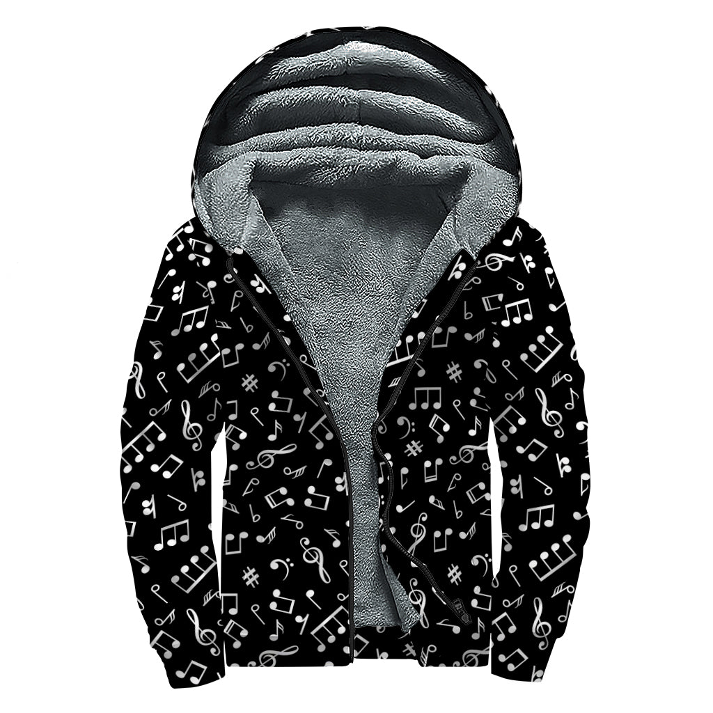 Black And White Music Note Pattern Print Sherpa Lined Zip Up Hoodie