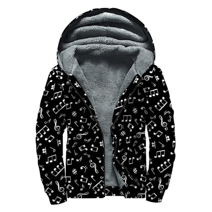 Black And White Music Note Pattern Print Sherpa Lined Zip Up Hoodie