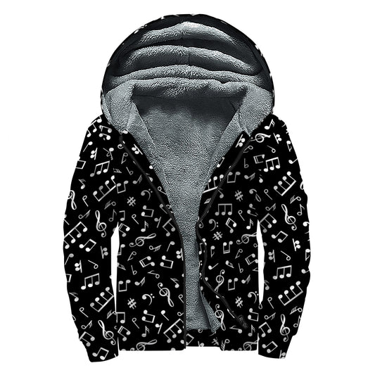 Black And White Music Note Pattern Print Sherpa Lined Zip Up Hoodie