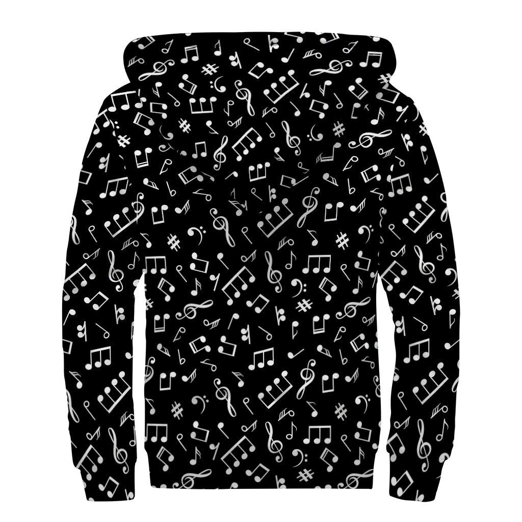 Black And White Music Note Pattern Print Sherpa Lined Zip Up Hoodie