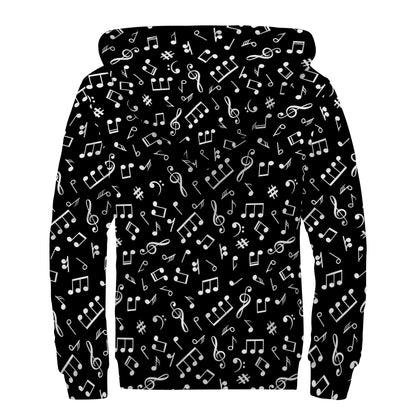 Black And White Music Note Pattern Print Sherpa Lined Zip Up Hoodie