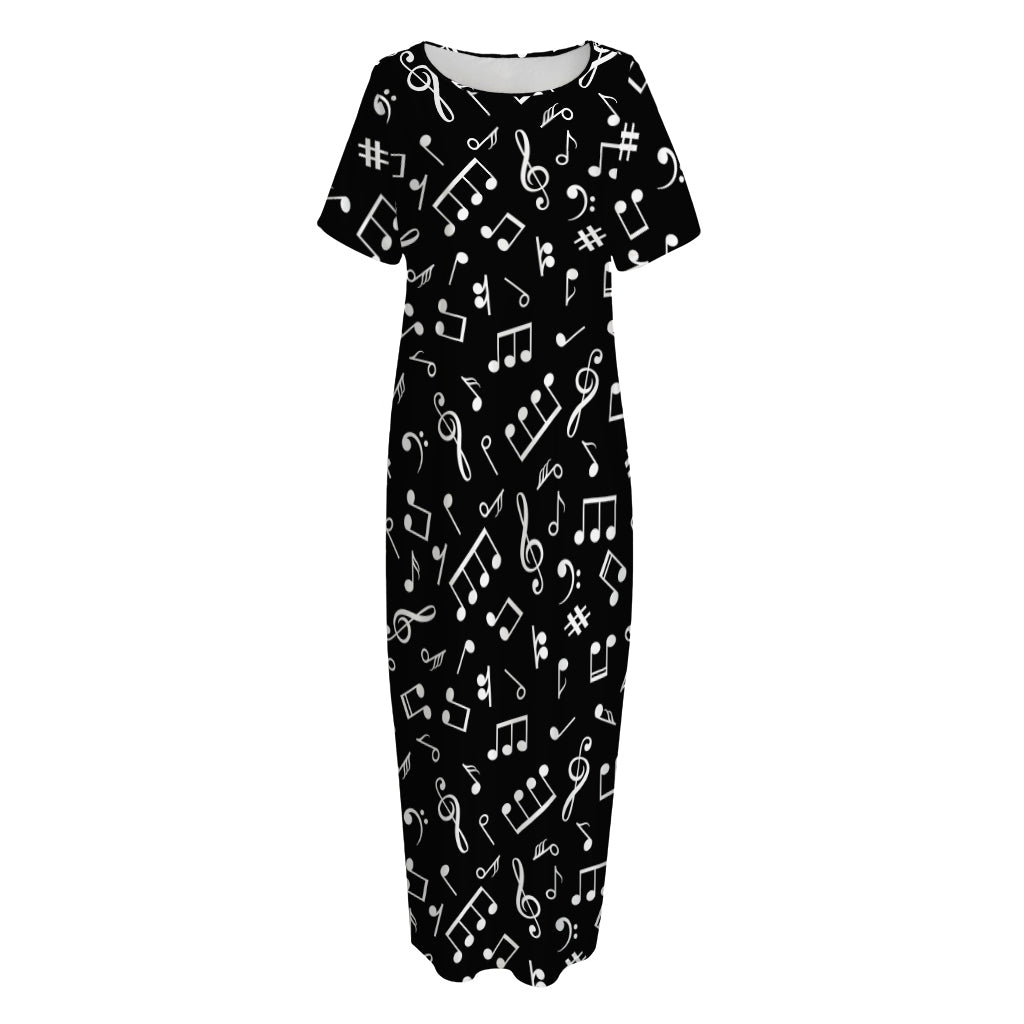 Black And White Music Note Pattern Print Short Sleeve Long Nightdress