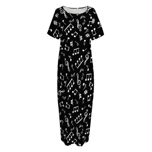 Black And White Music Note Pattern Print Short Sleeve Long Nightdress