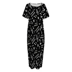 Black And White Music Note Pattern Print Short Sleeve Long Nightdress