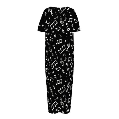 Black And White Music Note Pattern Print Short Sleeve Long Nightdress