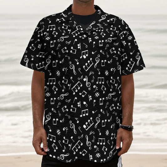 Black And White Music Note Pattern Print Textured Short Sleeve Shirt