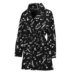 Black And White Music Note Pattern Print Women's Bathrobe