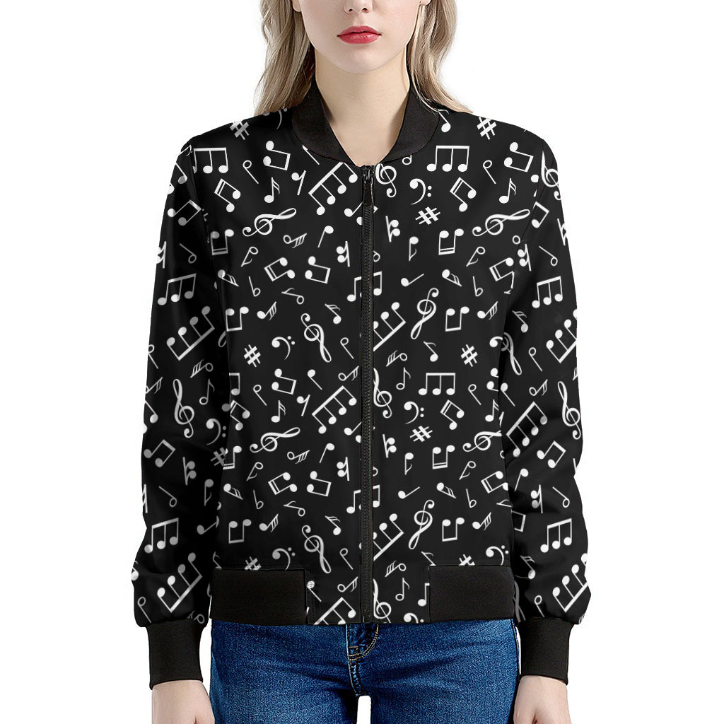 Black And White Music Note Pattern Print Women's Bomber Jacket