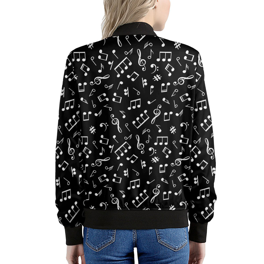 Black And White Music Note Pattern Print Women's Bomber Jacket