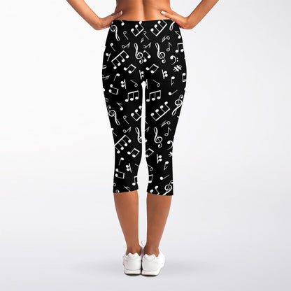 Black And White Music Note Pattern Print Women's Capri Leggings