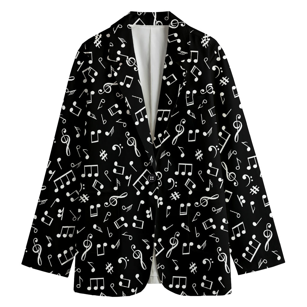 Black And White Music Note Pattern Print Women's Cotton Blazer
