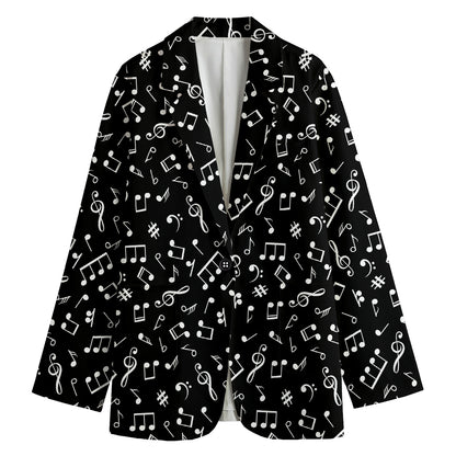 Black And White Music Note Pattern Print Women's Cotton Blazer