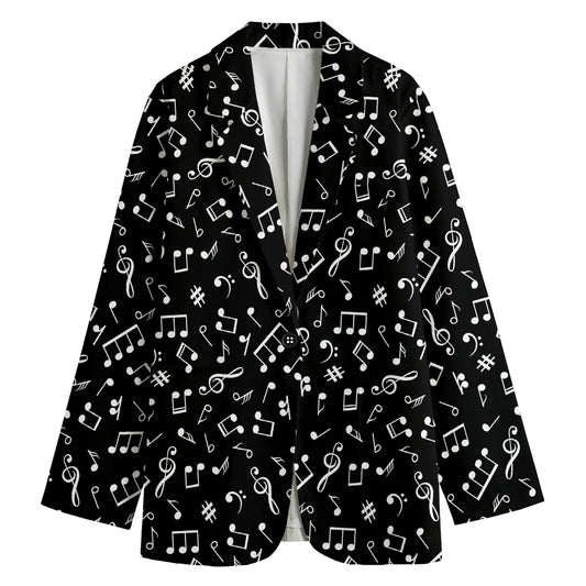 Black And White Music Note Pattern Print Women's Cotton Blazer