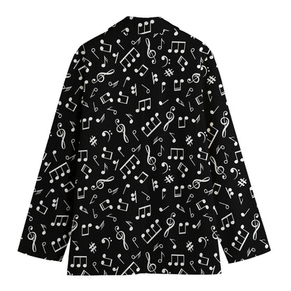 Black And White Music Note Pattern Print Women's Cotton Blazer