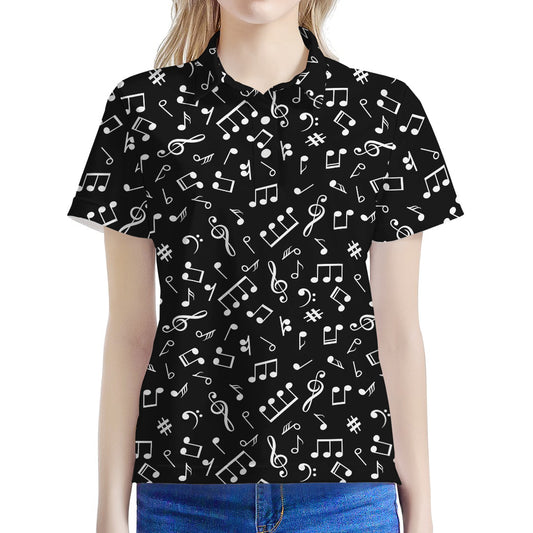 Black And White Music Note Pattern Print Women's Polo Shirt