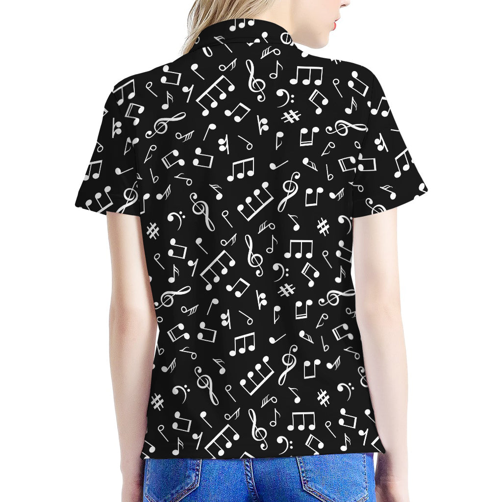Black And White Music Note Pattern Print Women's Polo Shirt