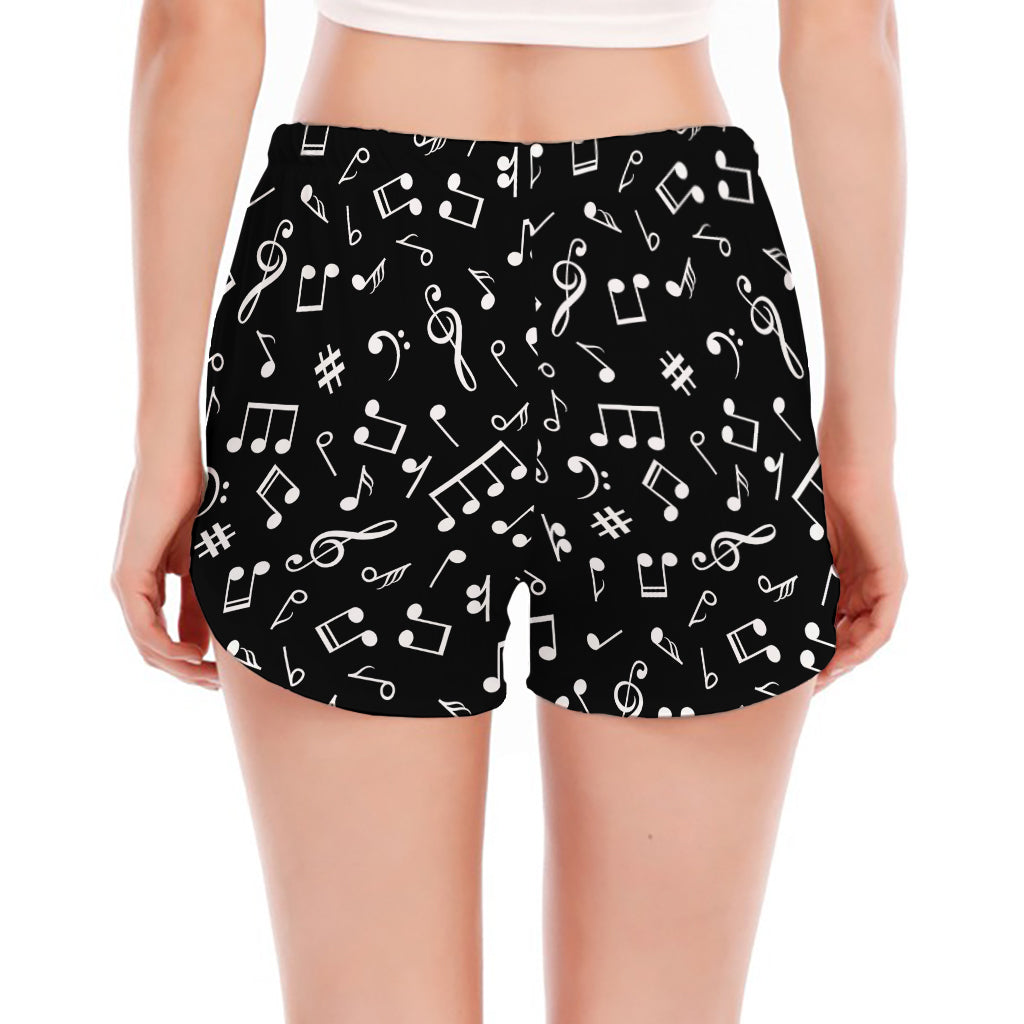Black And White Music Note Pattern Print Women's Split Running Shorts