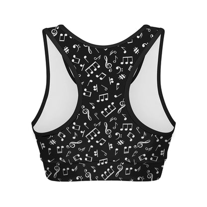 Black And White Music Note Pattern Print Women's Sports Bra
