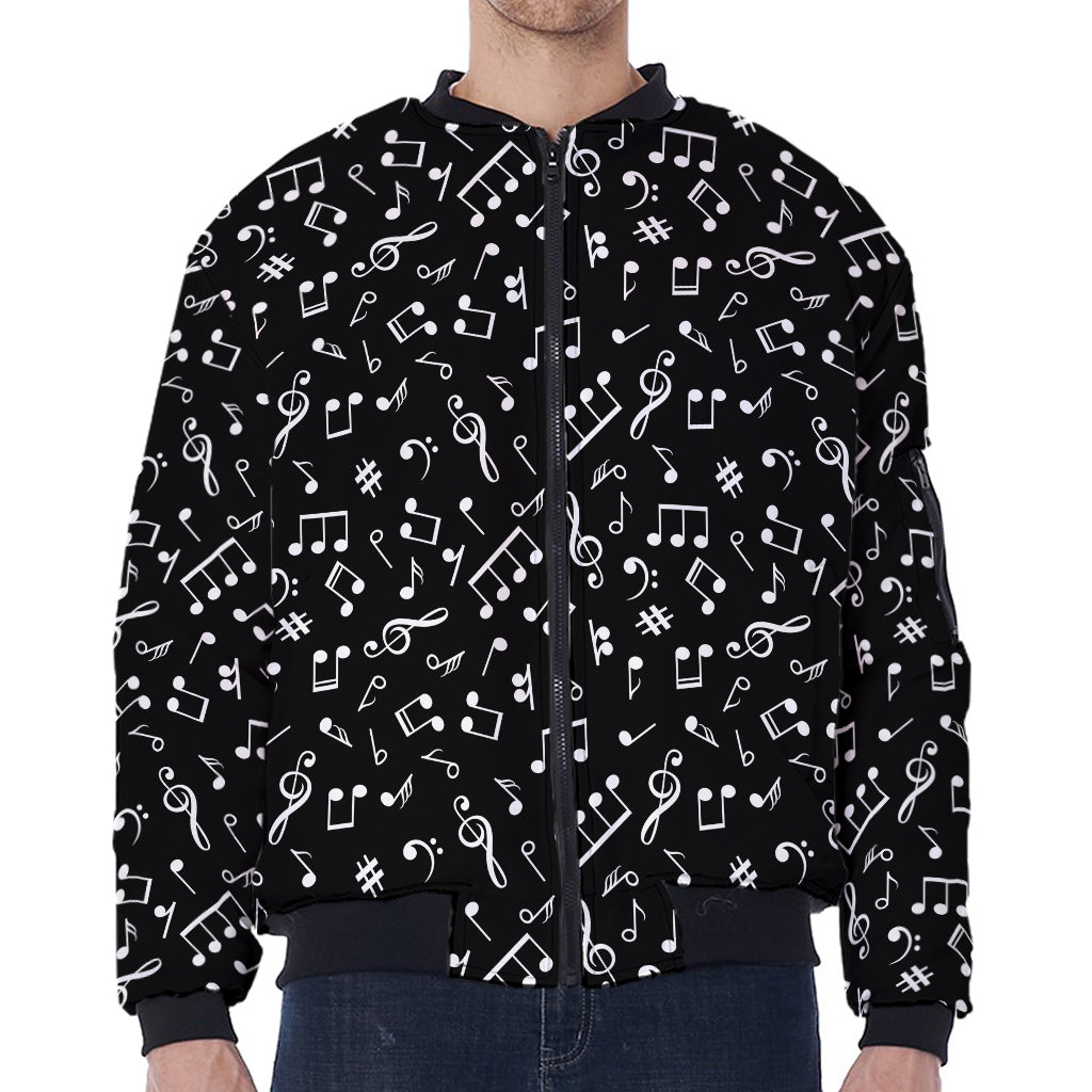 Black And White Music Note Pattern Print Zip Sleeve Bomber Jacket
