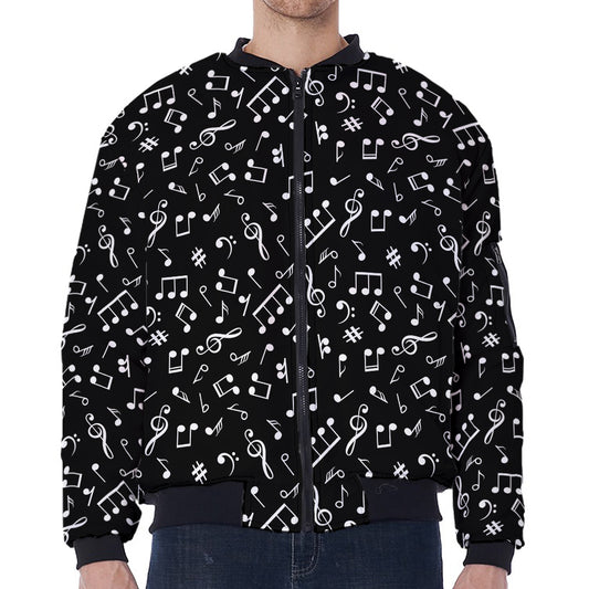 Black And White Music Note Pattern Print Zip Sleeve Bomber Jacket