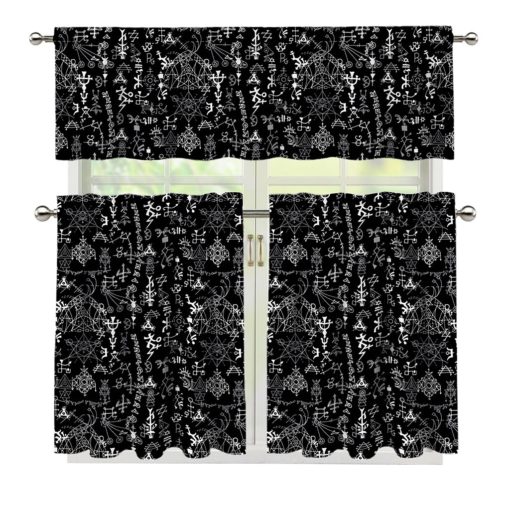 Black And White Mystic Wicca Print 3 Piece Kitchen Curtains