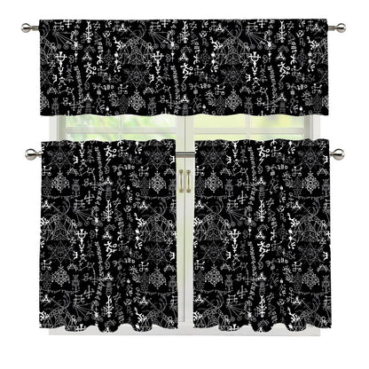 Black And White Mystic Wicca Print 3 Piece Kitchen Curtains