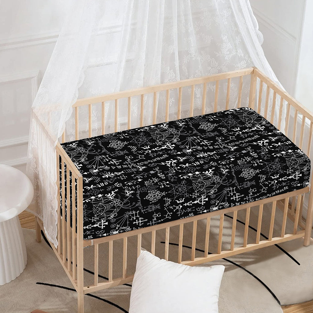 Black And White Mystic Wicca Print Baby Crib Sheet