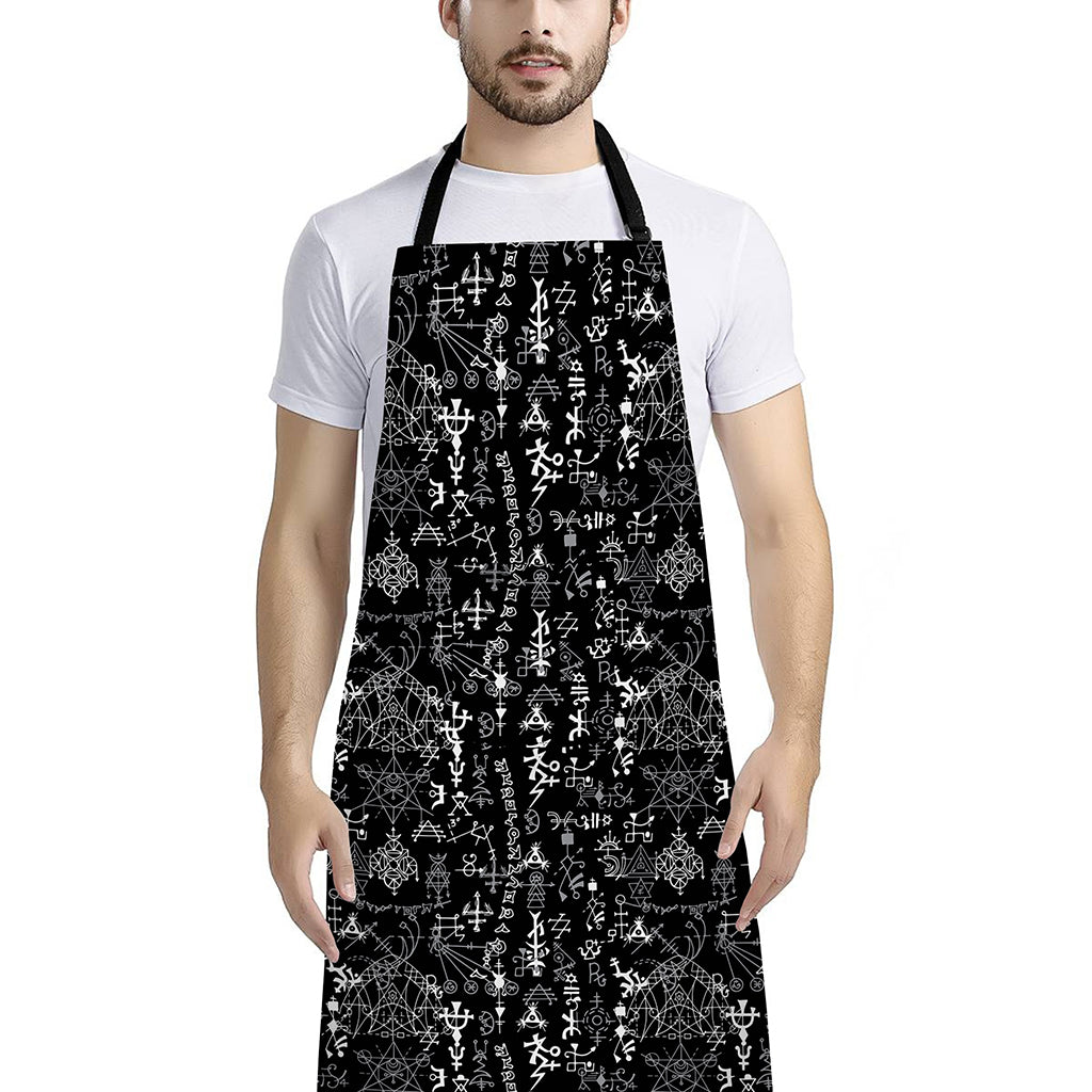 Black And White Mystic Wicca Print Bib Apron With Pocket