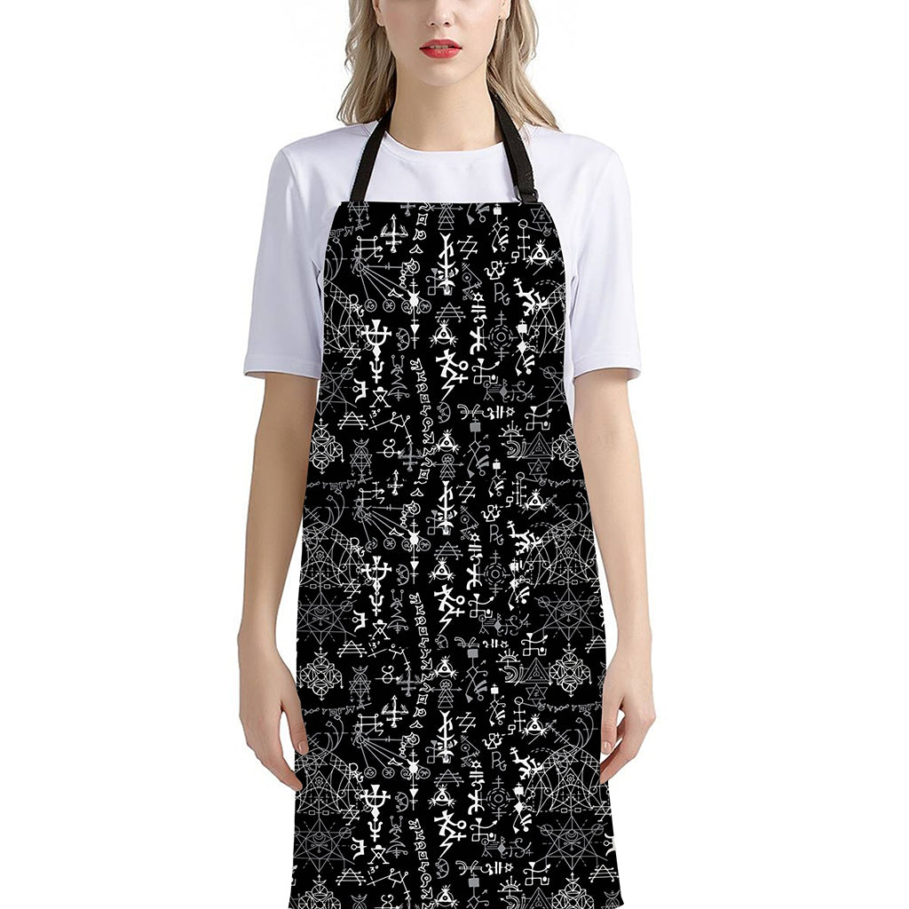 Black And White Mystic Wicca Print Bib Apron With Pocket