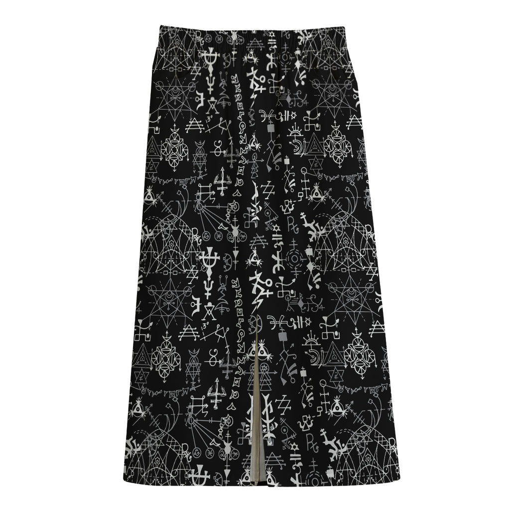 Black And White Mystic Wicca Print Cotton Front Slit Maxi Skirt