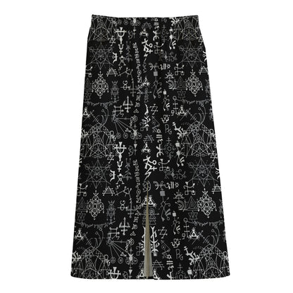 Black And White Mystic Wicca Print Cotton Front Slit Maxi Skirt