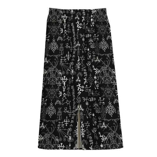 Black And White Mystic Wicca Print Cotton Front Slit Maxi Skirt