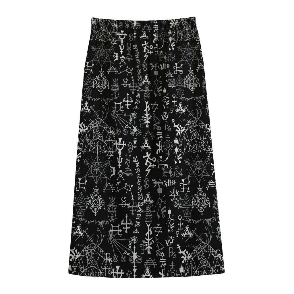 Black And White Mystic Wicca Print Cotton Front Slit Maxi Skirt