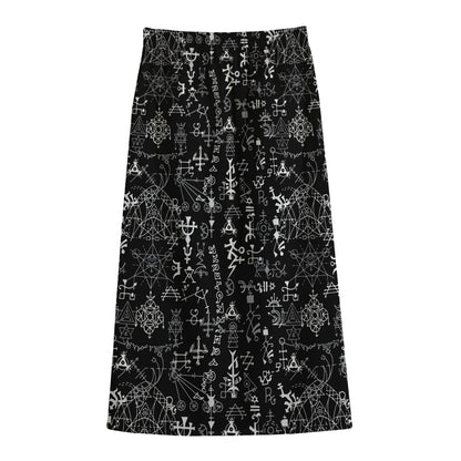 Black And White Mystic Wicca Print Cotton Front Slit Maxi Skirt