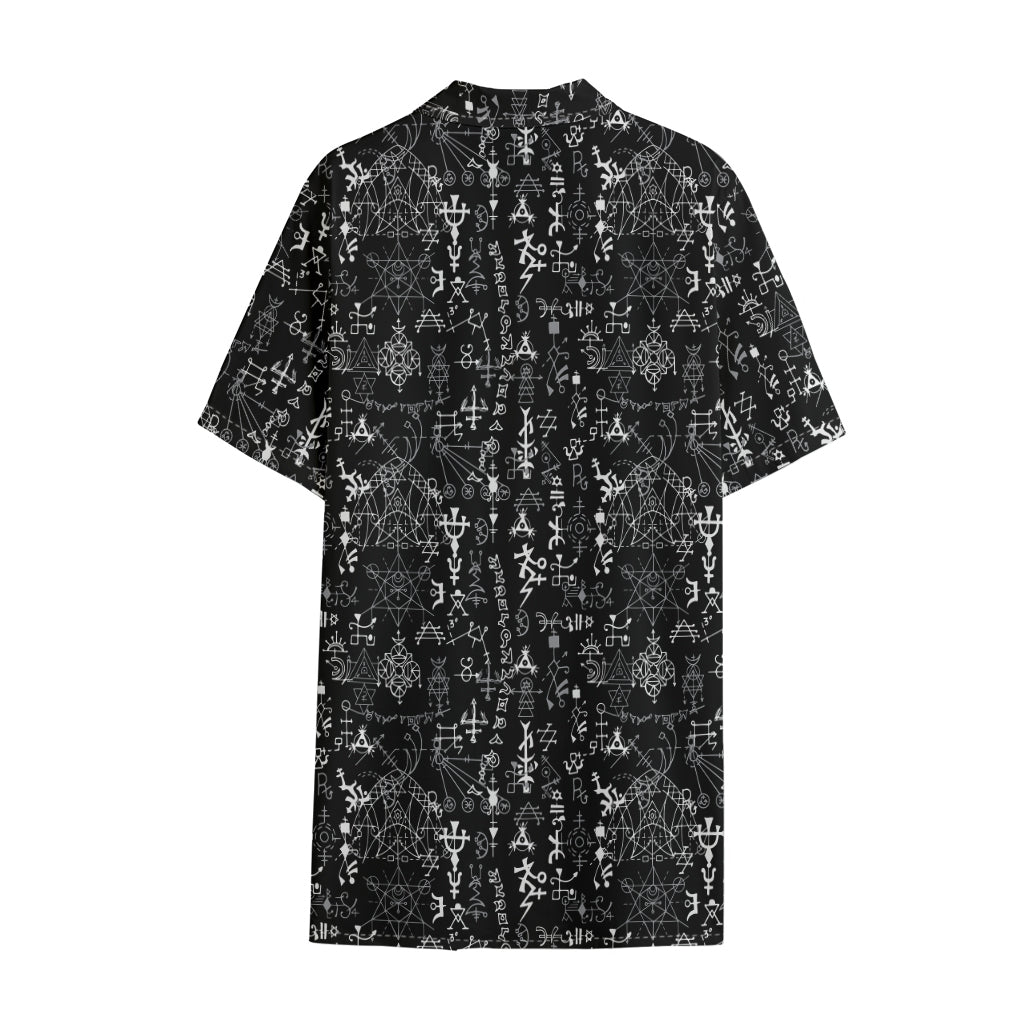 Black And White Mystic Wicca Print Cotton Hawaiian Shirt