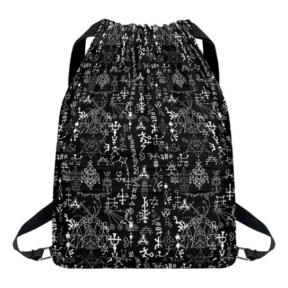 Black And White Mystic Wicca Print Drawstring Backpack