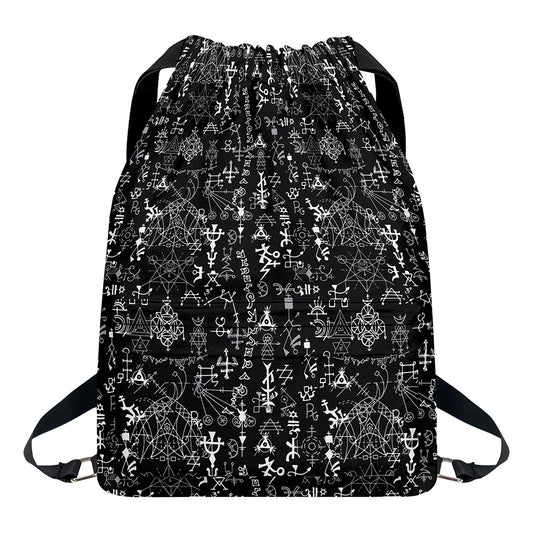 Black And White Mystic Wicca Print Drawstring Backpack