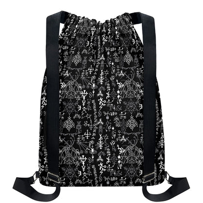 Black And White Mystic Wicca Print Drawstring Backpack