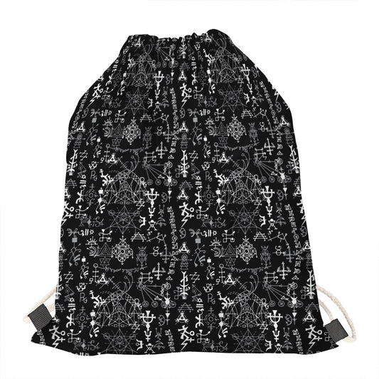 Black And White Mystic Wicca Print Drawstring Bag